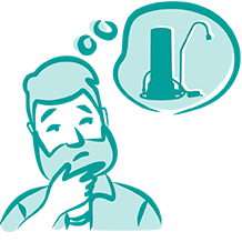 Illustration Mann überlegt welchen Wasserfilter er kaufen soll