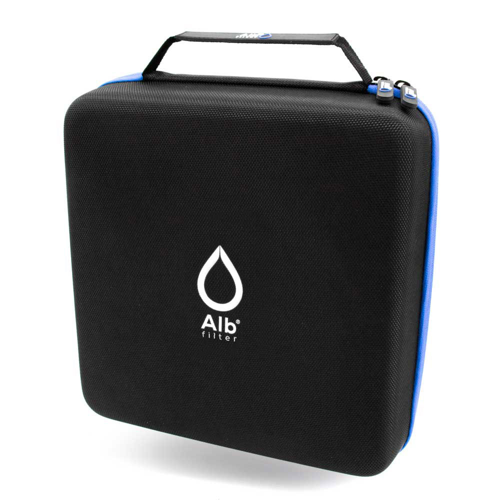Alb Filter Camping Koffer – schwarzes Hartschalen-Case mit blauem Rand und Tragegriff