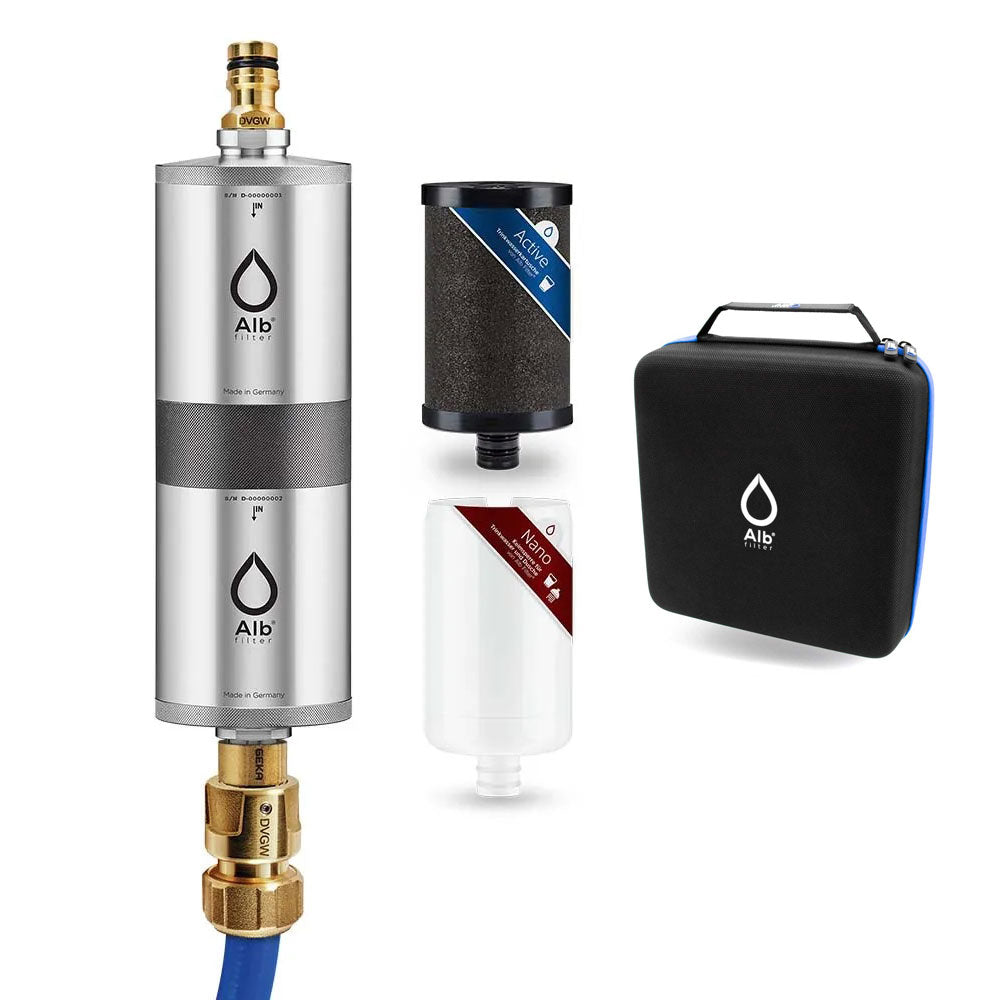 Alb Filter Camping-Set – Doppelfiltergehäuse, Kartuschen Active und Nano sowie schwarzer Transportkoffer