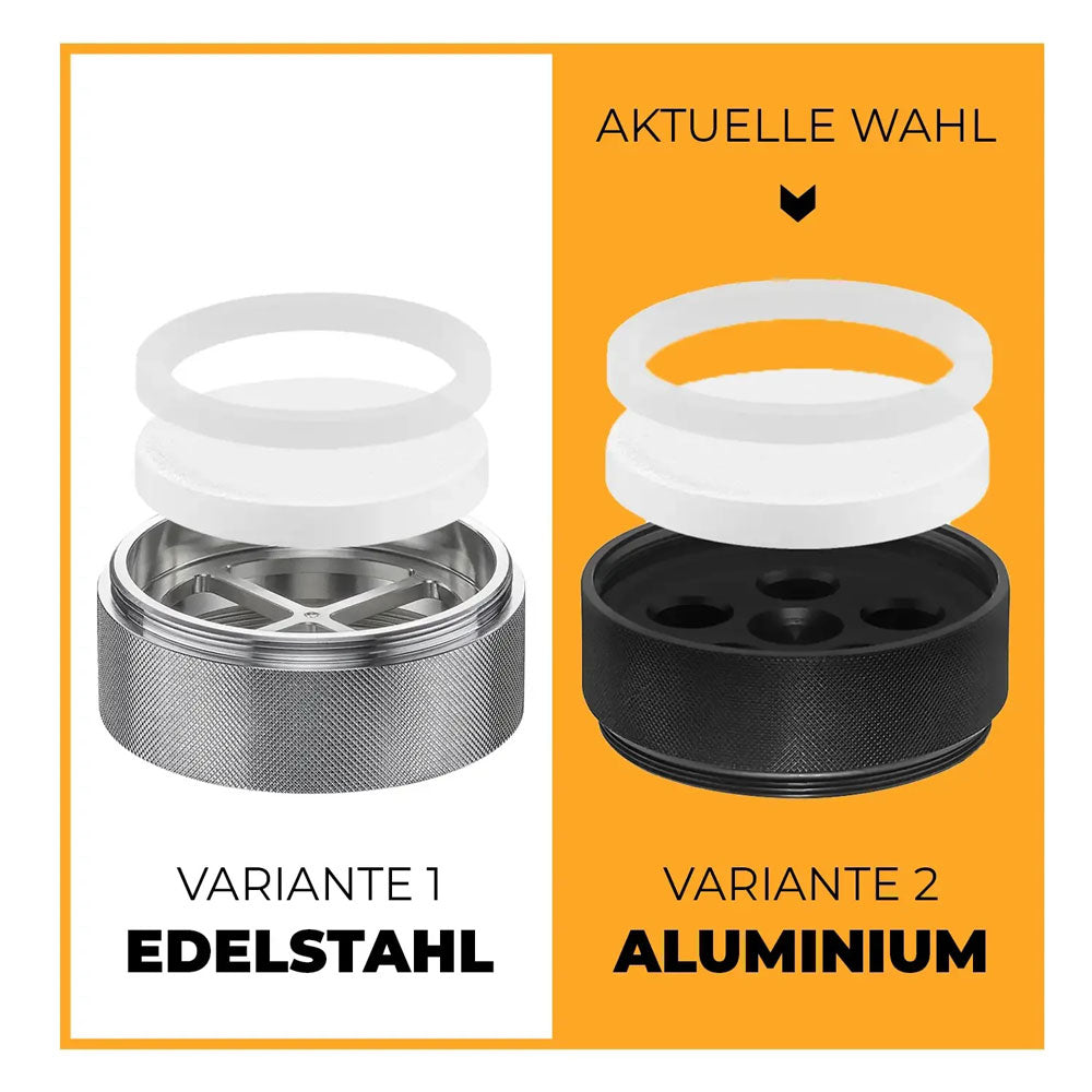 Protect Vorfilter – Variantenvergleich Edelstahl und Aluminium, aktuelle Wahl Aluminium mit Wechselpad