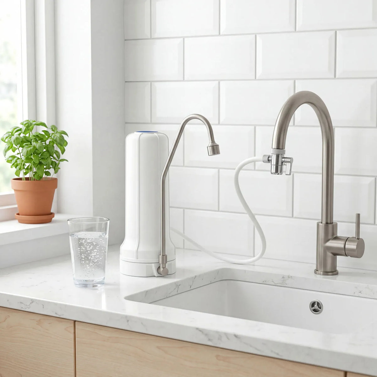 Alvito Auftischfilter Pro weiß auf Marmorarbeitsplatte in heller Küche mit Basilikum, Glas Wasser und Edelstahlhahn – Gesamtansicht