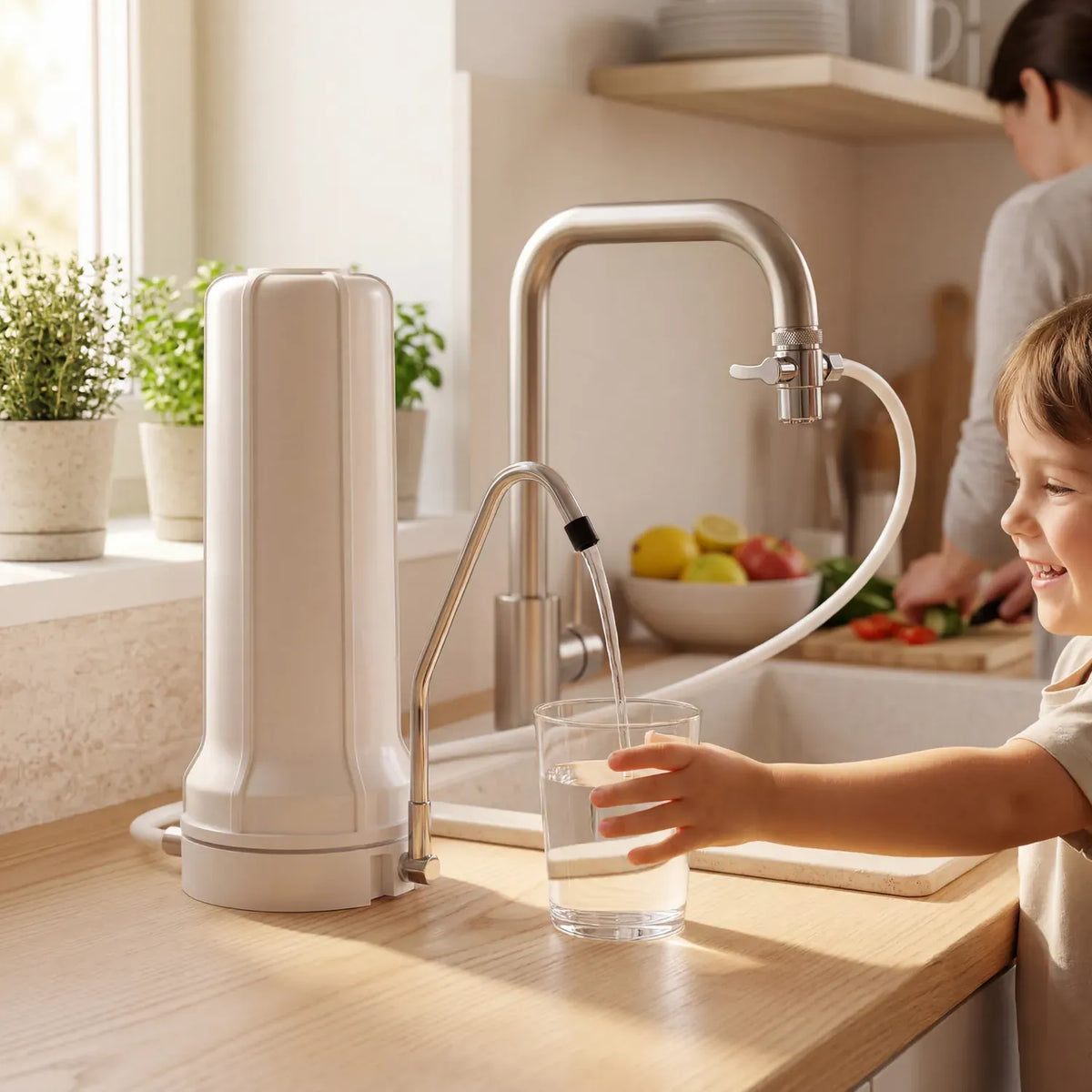 Lächelndes Kind hält Glas gefiltertes Wasser am Alvito Auftischfilter – Mutter bereitet im Hintergrund Obst und Gemüse vor, helle Küche mit Holzarbeitsplatte und Kräutern am Fenster