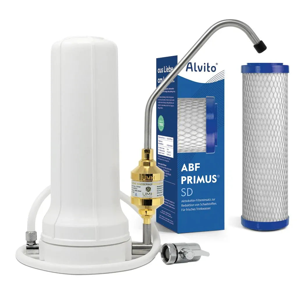 Alvito AF Set UMH Pure Produktkomposition – weißer Auftischfilter mit UMH Pure Inline-Vitalisierer gold, ABF Primus SD Karton mit Filtereinsatz, freigestellt auf weißem Hintergrund