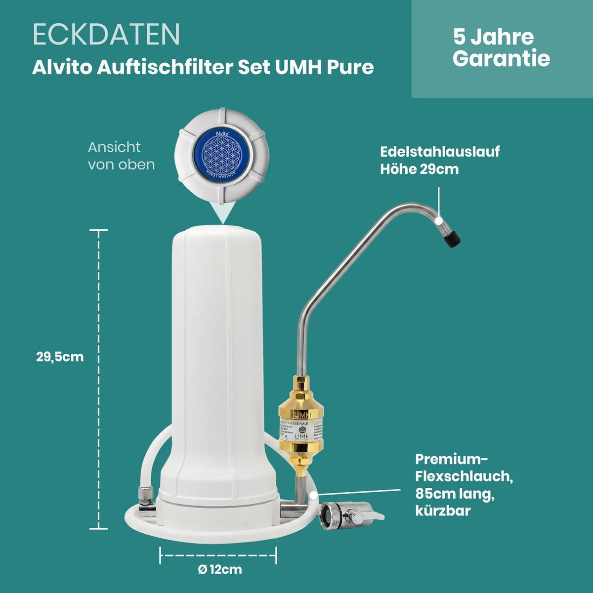 Eckdaten Alvito Auftischfilter Set UMH Pure – Höhe 29,5 cm, Ø12 cm, Edelstahlauslauf Höhe 29 cm, UMH Pure Inline-Vitalisierer gold am Auslauf, Flexschlauch 85 cm kürzbar, 5 Jahre Garantie
