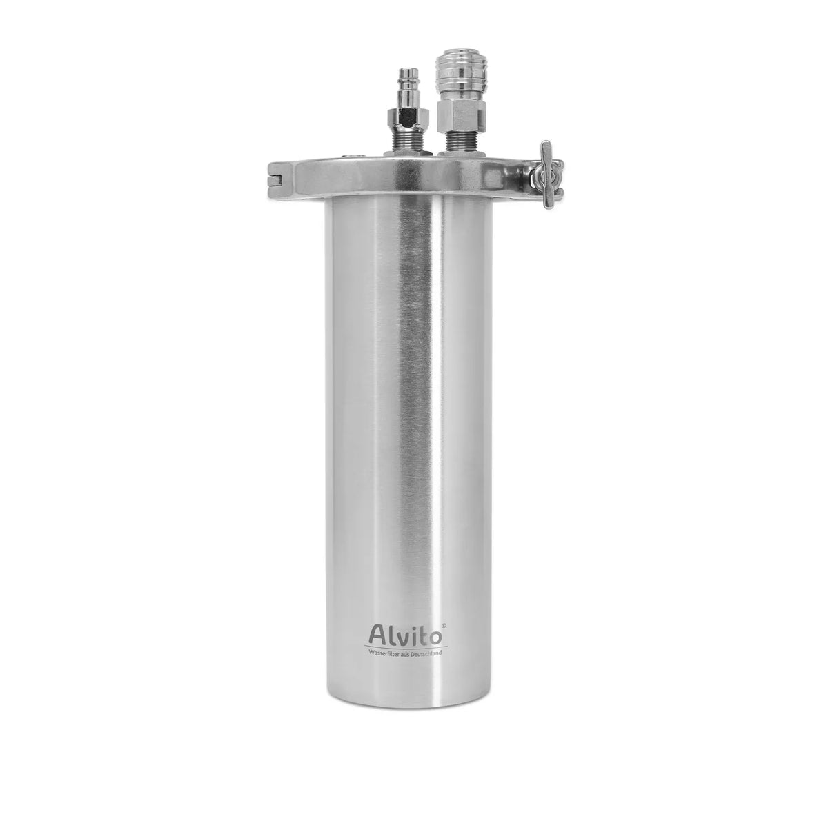Alvito Inox T Einbaufilter-Gehäuse freigestellt – gebürsteter Edelstahlzylinder mit zwei Schnellkupplung-Fittings auf dem Deckel sowie Entlüftungsschraube; Aufschrift „Alvito Wasserfilter aus Deutschland"; weißer Hintergrund