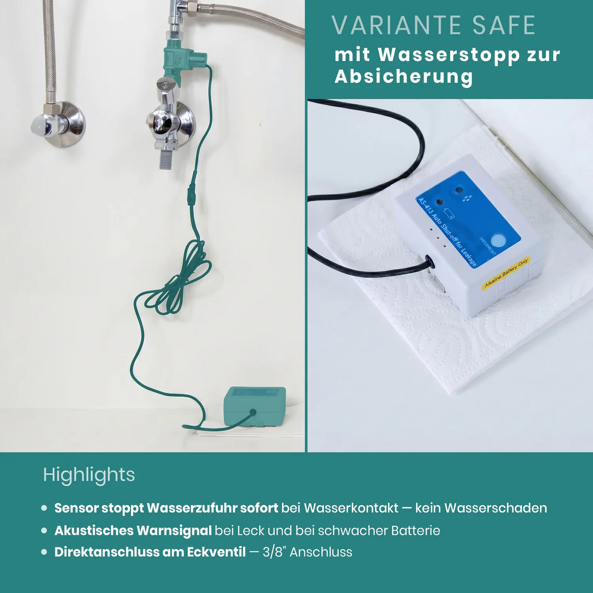 Variante Safe mit Wasserstopp zur Absicherung – Alvito Inox T Einbaufilter installiert mit tealfarbenem Bodensensor am Eckventil und AS-413 Controller; Nahaufnahme des Controllers auf Küchenrolle; Highlights: Sensor stoppt Wasserzufuhr sofort, akustisches Warnsignal, Direktanschluss 3/8″