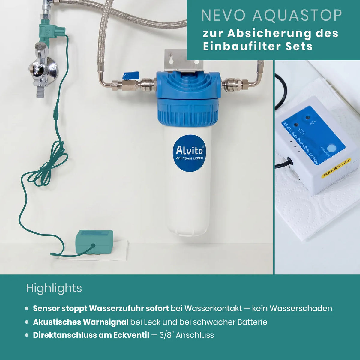 Nevo AquaStop zur Absicherung des Einbaufilter-Sets – Eckventil mit Sensorkabel und AS-413 Controller; Sensor stoppt Wasserzufuhr sofort bei Wasserkontakt, akustisches Warnsignal, Direktanschluss 3/8″