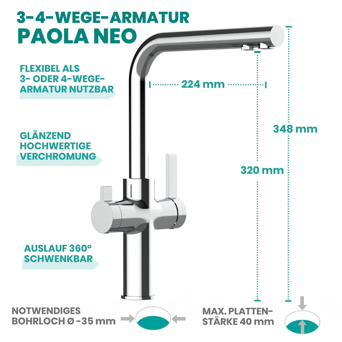 3/4-Wege-Armatur Paola Neo – hochwertige Verchromung glänzend, L-förmiger eckiger Auslauf 348 mm hoch, 224 mm Reichweite, 360° schwenkbar, zwei Hebel, Einbauloch 35 mm, max. Arbeitsplattendicke 40 mm