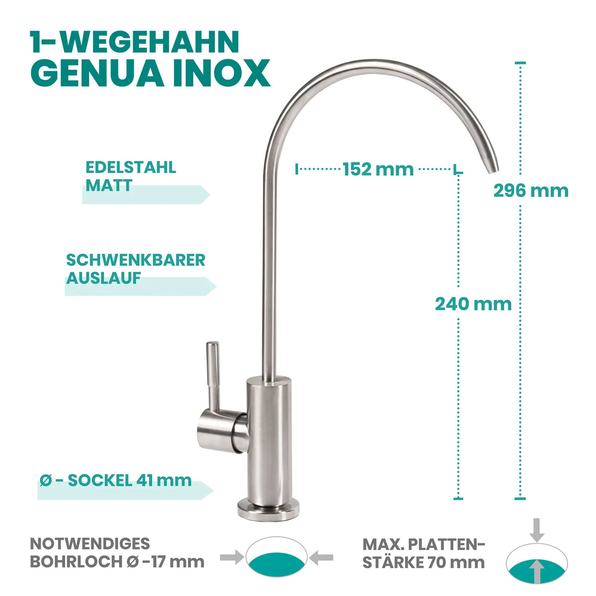 Trinkhahn Genua Inox 1-Wege – Edelstahl matt, Schwanenhals 296 mm hoch, 152 mm Reichweite, schwenkbarer Auslauf, ein Hebel, Einbauloch 17 mm, Basisdurchmesser 41 mm, max. Arbeitsplattendicke 70 mm