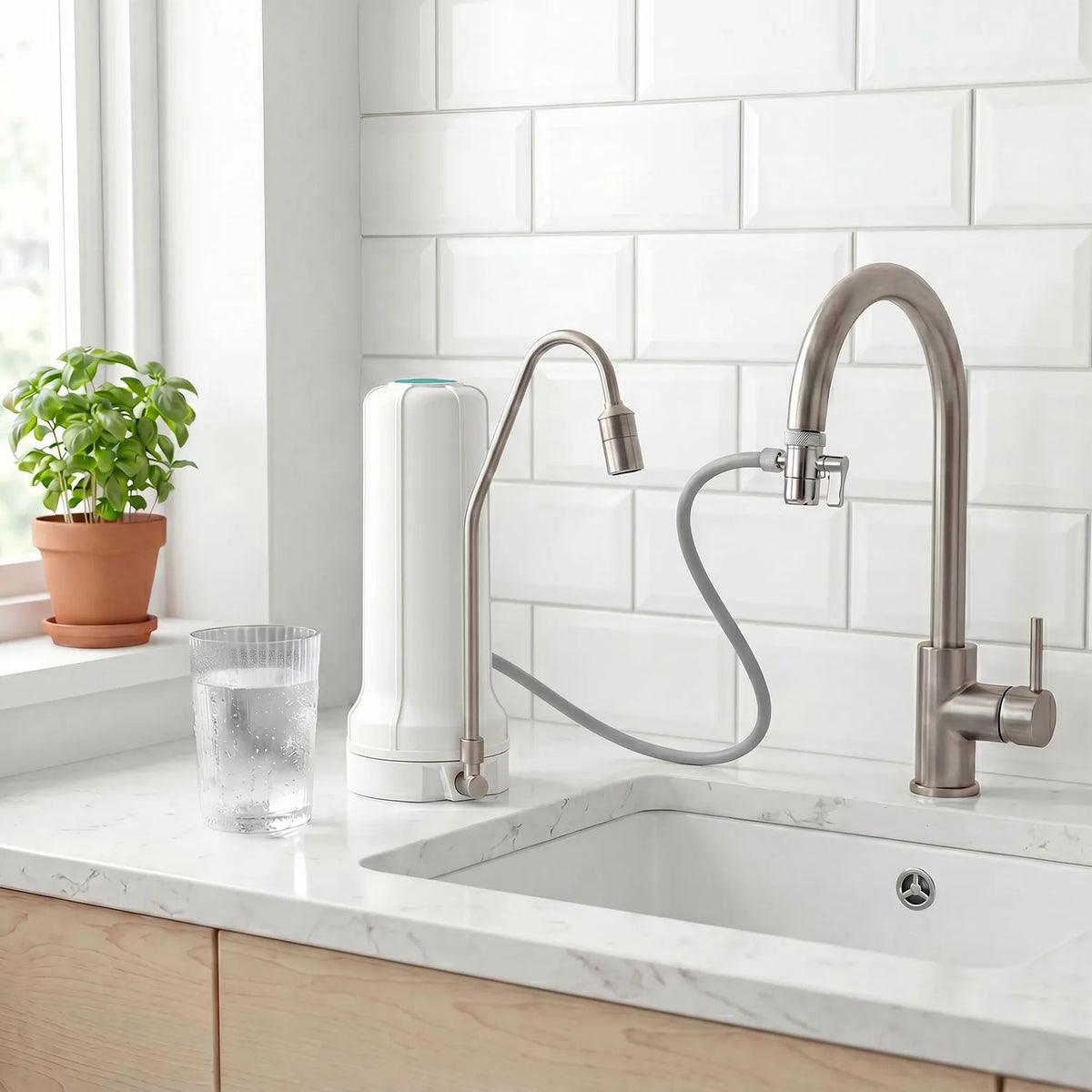 Vitalhelden Auftischfilter auf weißer Marmorarbeitsplatte neben der Spüle – helle Küche mit weißen Subway-Tiles, Topfpflanze auf dem Fensterbrett, gefülltes Glas Wasser daneben, moderner Edelstahlmischer rechts