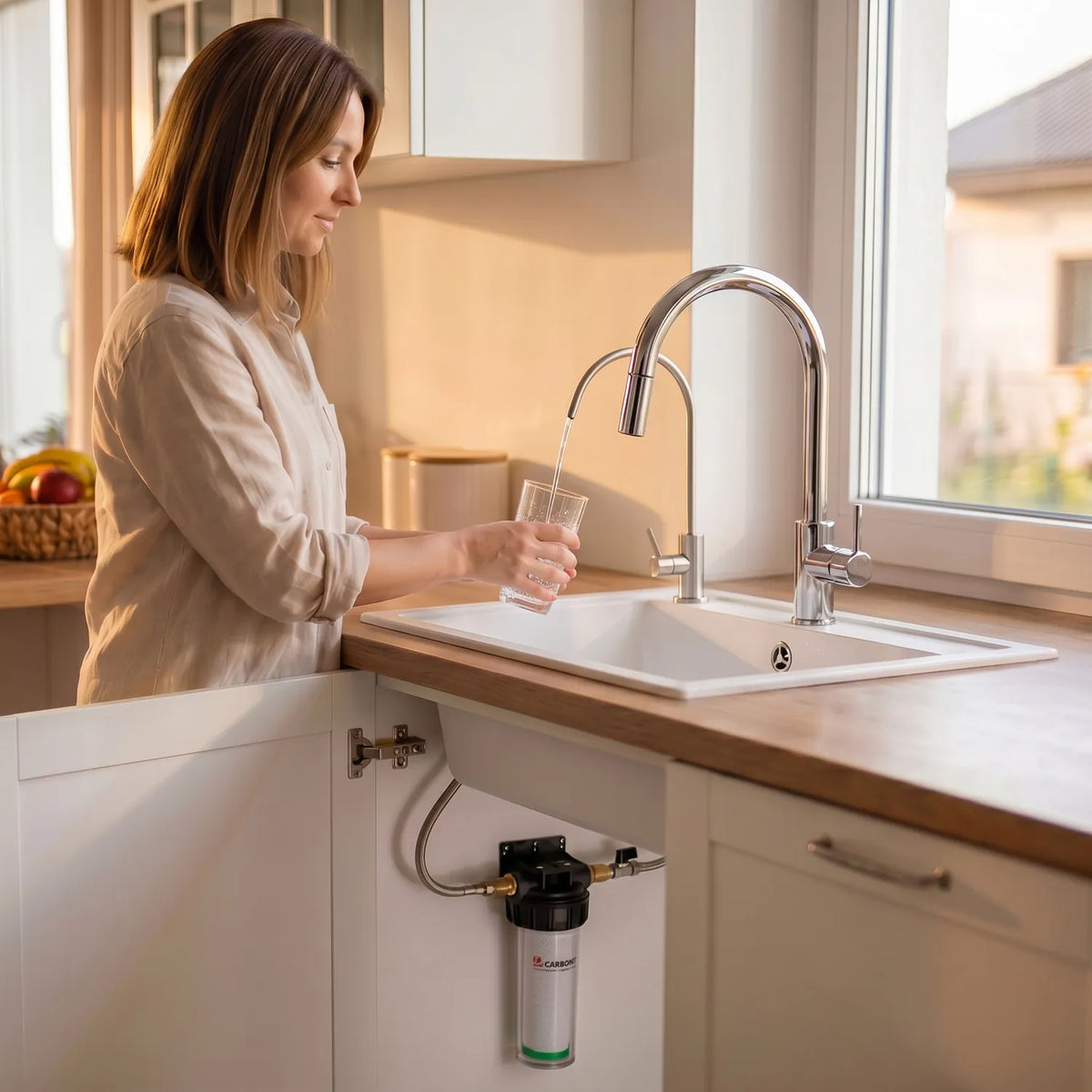 Frau mit rotem Haar füllt Glas am Chrom-Hahn in moderner Küche mit Holzarbeitsplatte; Carbonit Vario Basic Einbaufilter sichtbar unter Spüle im offenen Unterschrank (schwarzer Kopf, transparentes Gehäuse mit grünem Filterring)