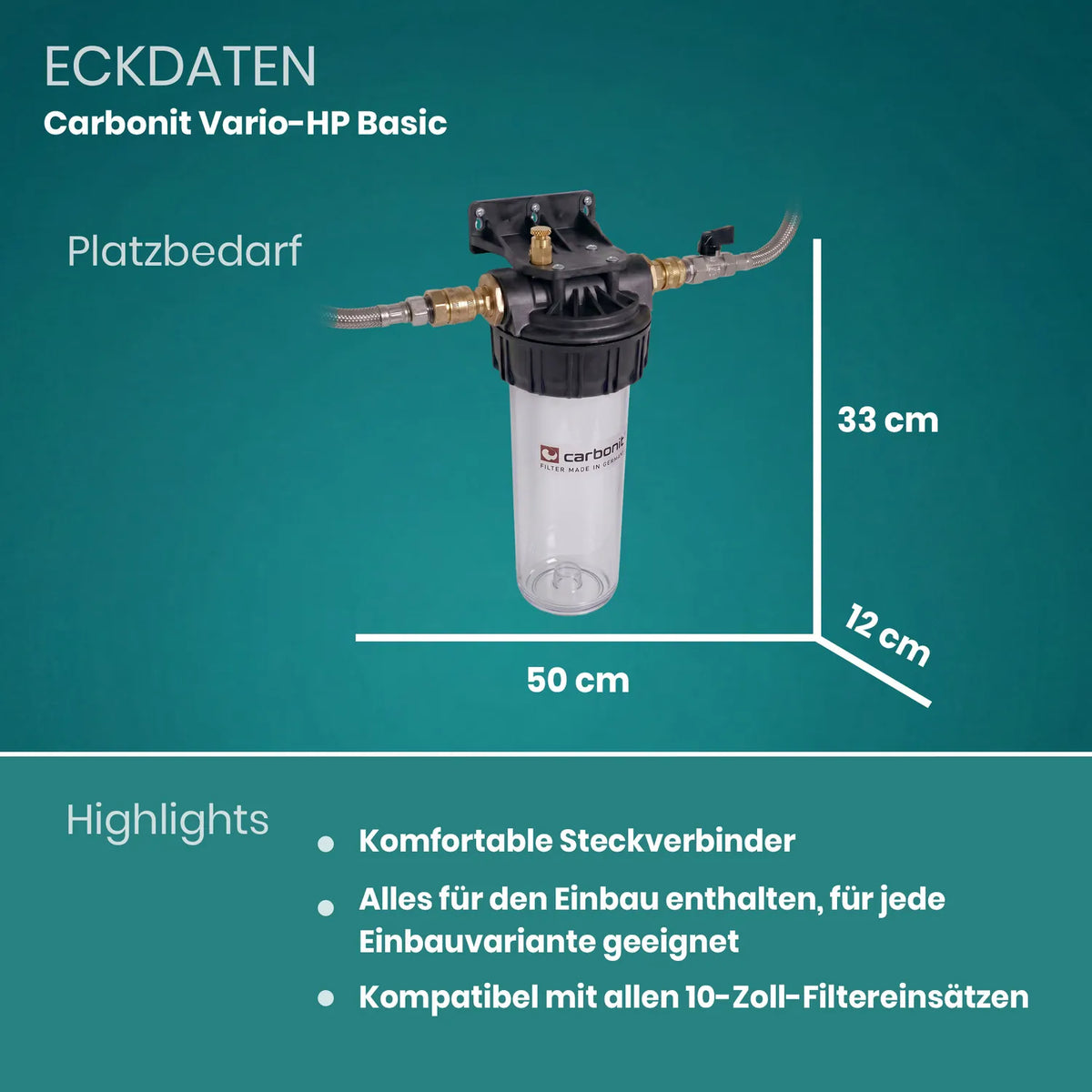 Eckdaten Carbonit Vario Basic Einbaufilter – Platzbedarf 50 cm breit, 33 cm hoch, 12 cm tief; Highlights: komfortable Steckverbinder, alles für den Einbau enthalten, kompatibel mit allen 10-Zoll-Filtereinsätzen