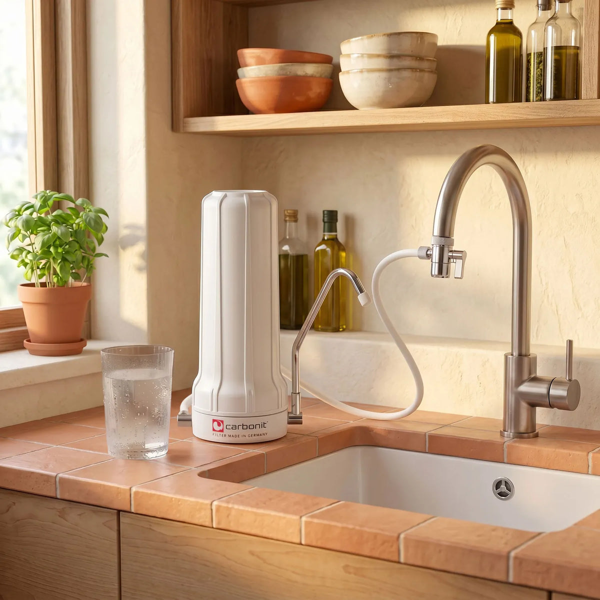 Carbonit Sanuno Classic Auftischfilter weiß in moderner Küche – Lifestyle-Aufnahme mit Glaskaraffe und Küchenhahn
