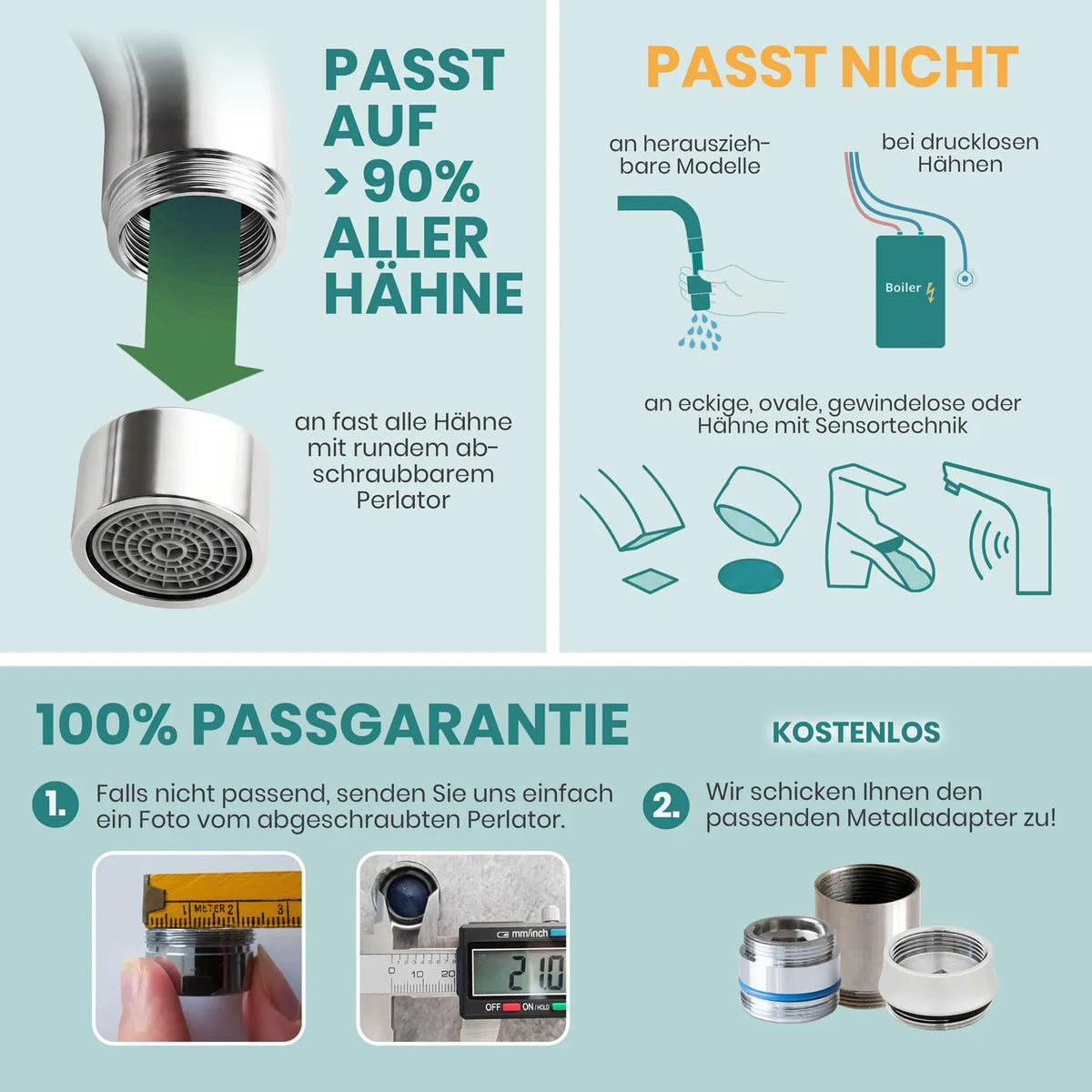 Infografik: Auftischfilter passt auf über 90 % aller Hähne – 100 % Passgarantie, kostenloser Metalladapter bei Nichtpassen