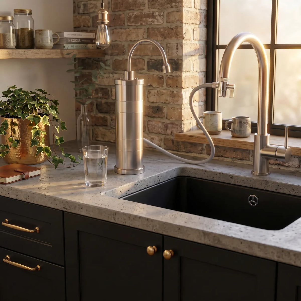 Carbonit Sanuno Inox F Edelstahl-Auftischfilter in heller Küche mit Marmorspüle – Lifestyle-Aufnahme mit Kräutern und Gartenblick