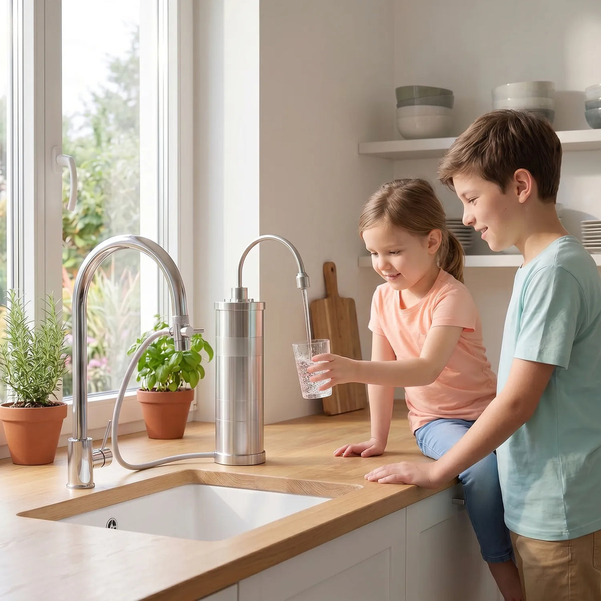 Mädchen füllt Glas gefiltertes Wasser am Carbonit Sanuno Inox F – Bruder schaut zu, helle Küche mit Holzarbeitsplatte und Kräutern am Fenster