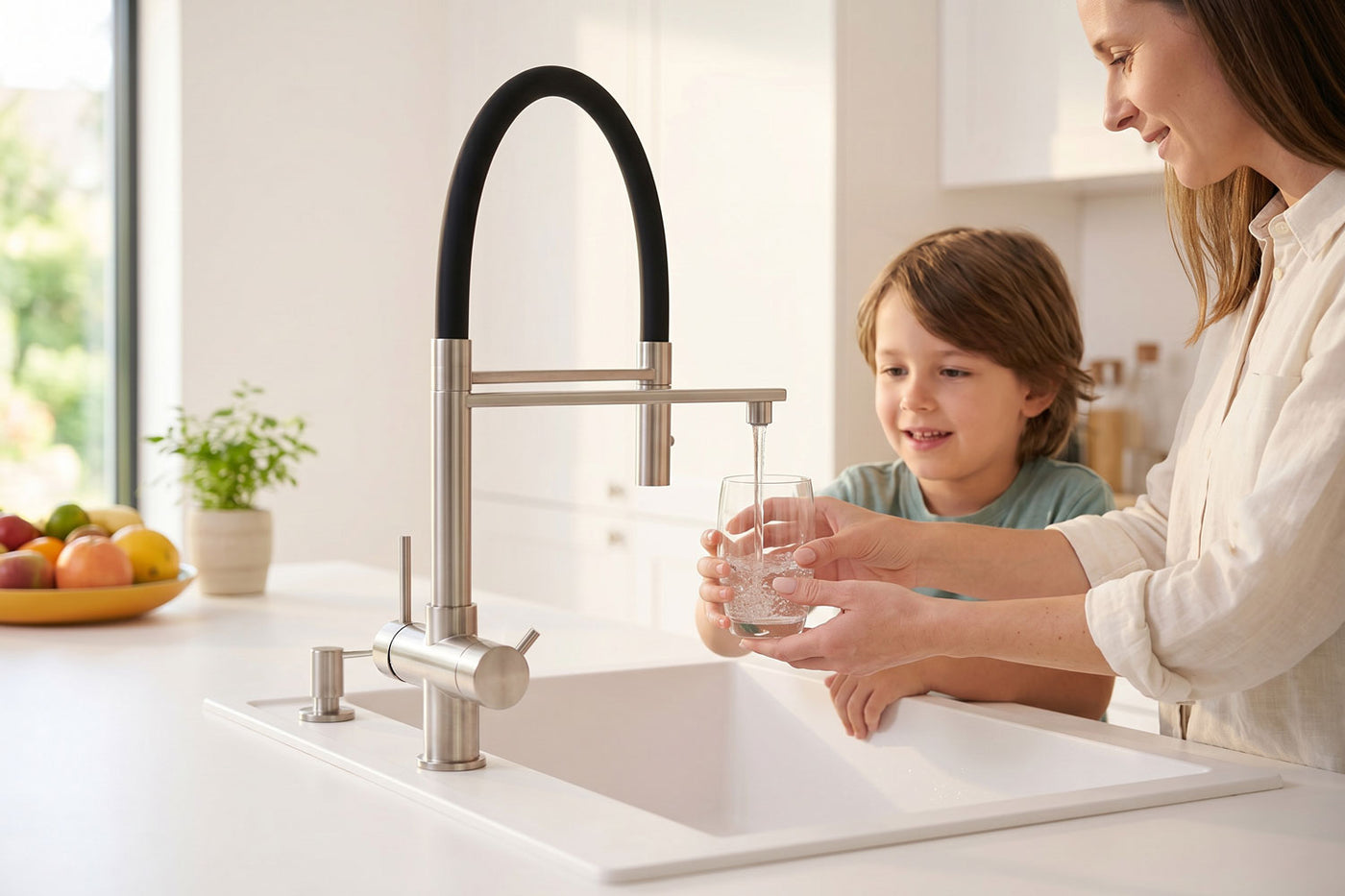 Mutter und Kind befüllen Glas am Niederdruck-3-Wege-Hahn mit Schwenkarm in moderner Küche