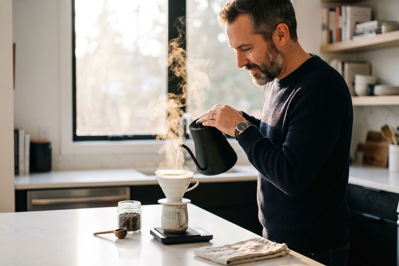 Mann gießt heißes Wasser durch Kaffeefilter – kalkfreies Wasser für besseren Kaffeegenuss