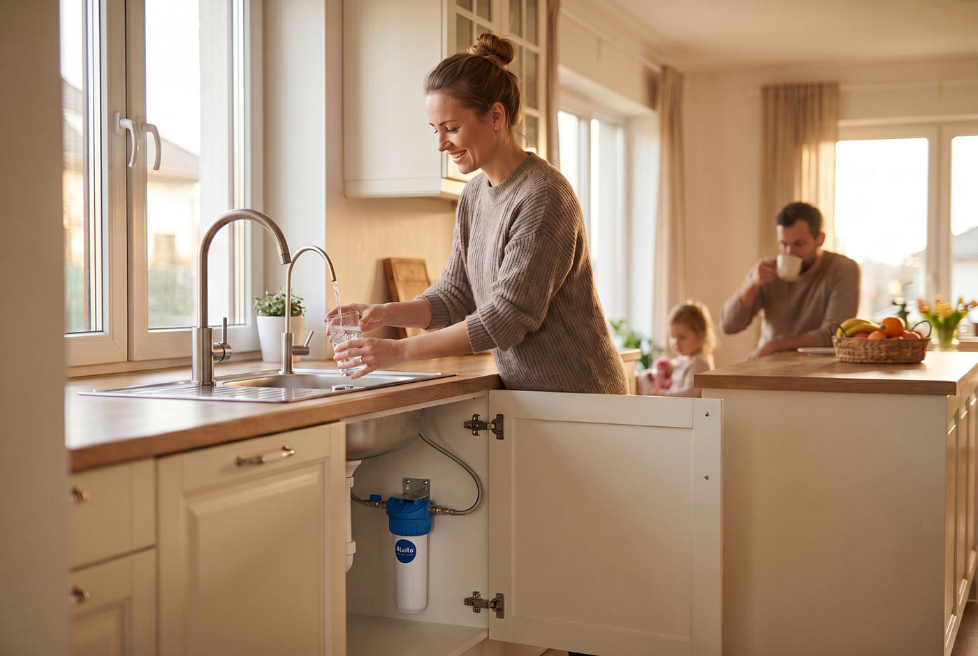 Frau füllt Glas am Hahn mit Alvito Wasserfilter-Sparset im Unterschrank, Familie im Hintergrund
