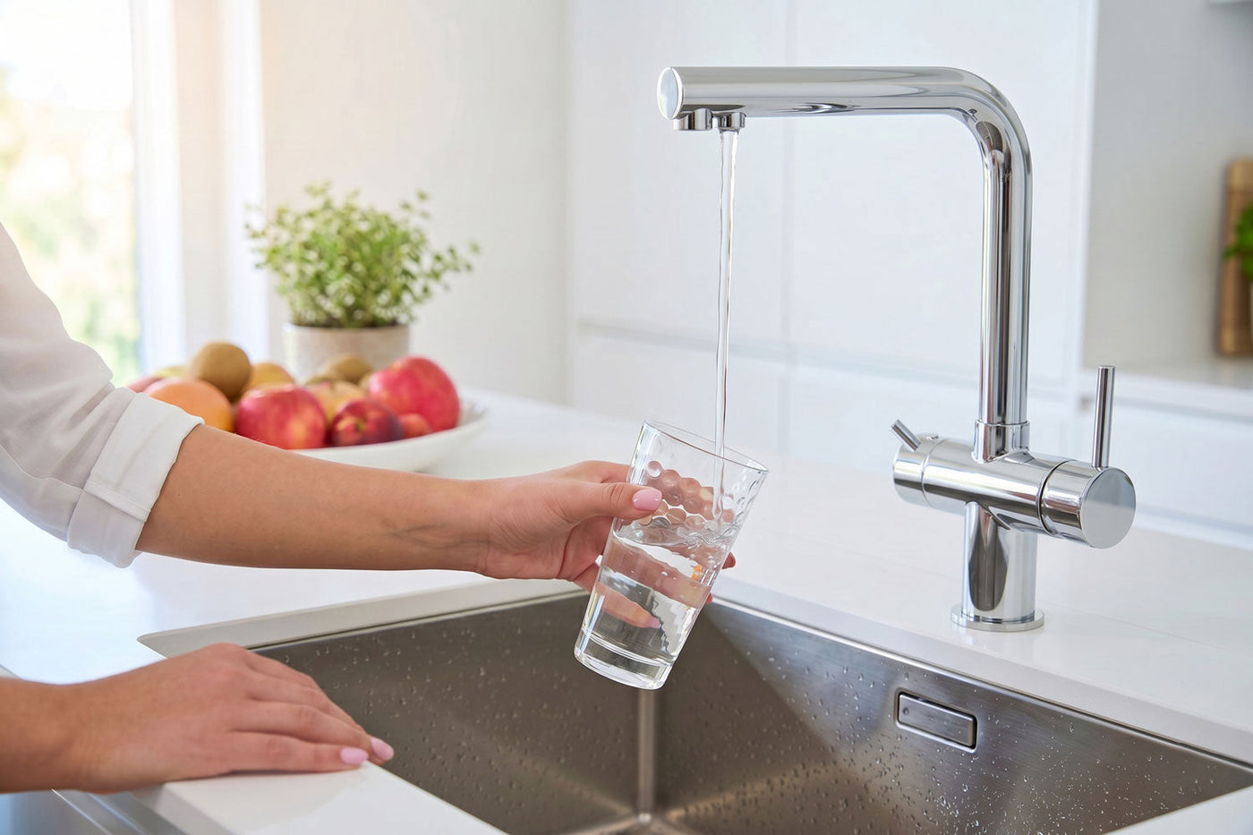 Hand füllt Glas unter elegantem Chrom-3-Wege-Hahn in weißer Küche – Armatur für Wasserfilter