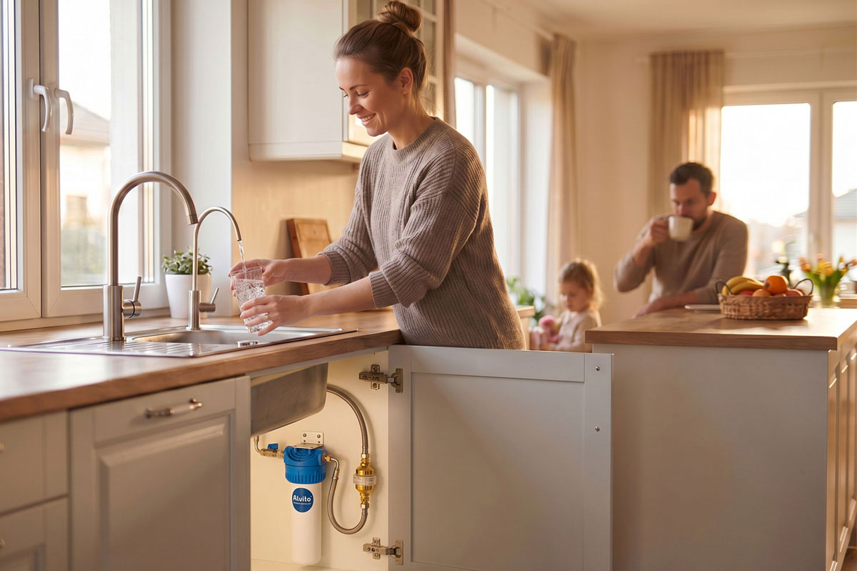 Frau füllt Glas mit gefiltertem Wasser, Alvito Untertischfilter sichtbar im Küchenschrank