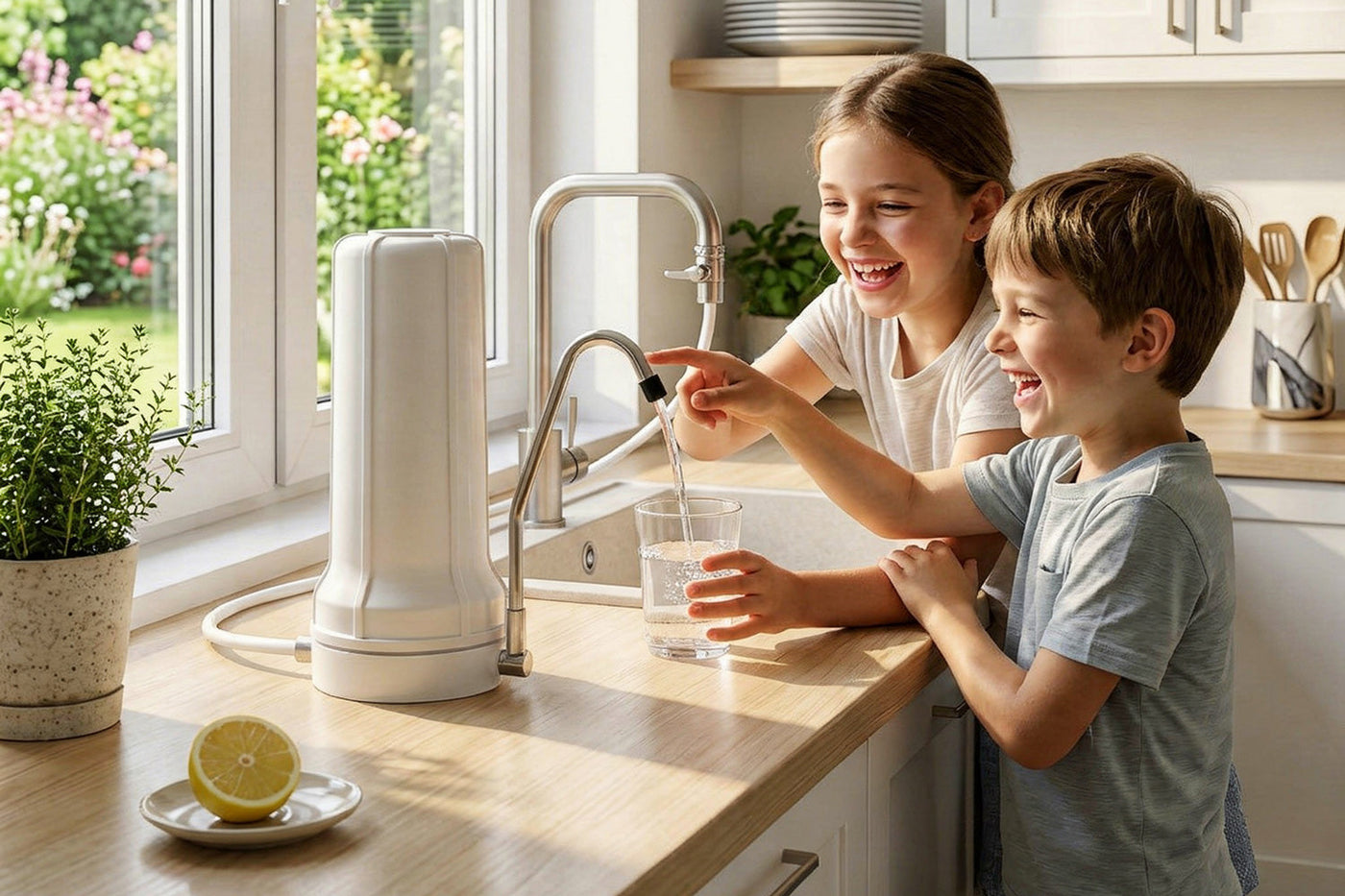 Lachende Kinder befüllen Glas am weißen Auftischfilter in heller Küche – Vitalhelden