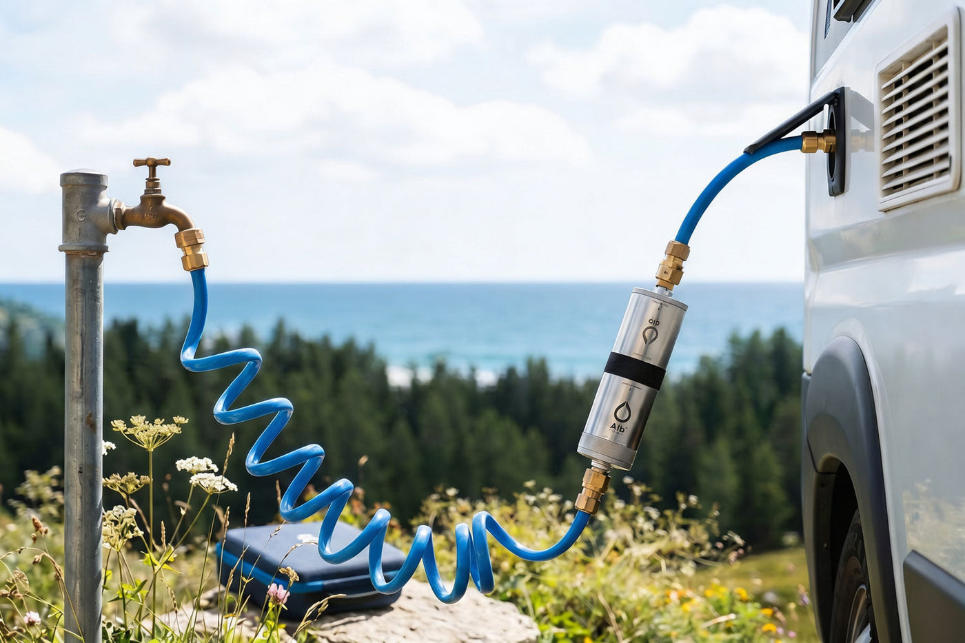 Alb Campingfilter mit blauem Spiralschlauch zwischen Außenwasserhahn und Wohnmobil in natürlicher Küstenlandschaft