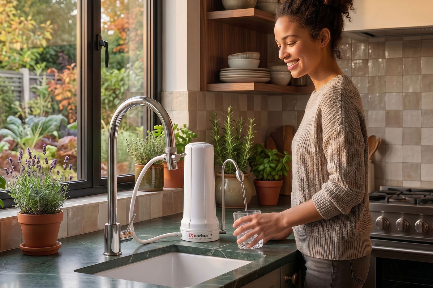 Lächelnde Frau befüllt Glas am Carbonit Sanuno Auftischfilter in natürlicher Küche mit Kräutern und Gartenblick