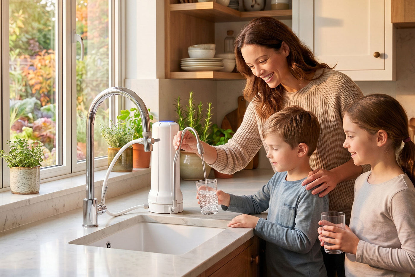 Mutter mit zwei Kindern befüllt Glas am weißen Wasserhahn Wasserfilter in heller Herbstküche mit Kräutern am Fenster