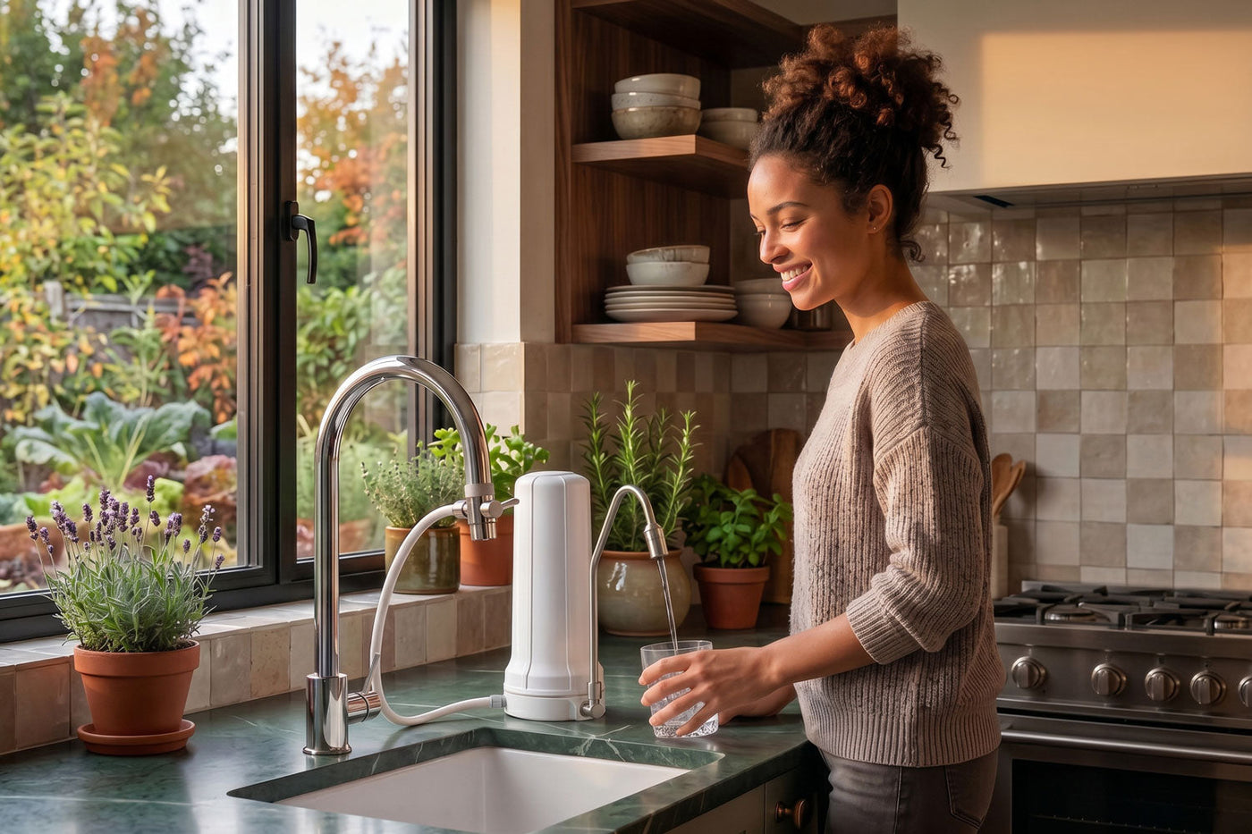 Lächelnde Frau füllt Glas mit belebtem Wasser am Auftischfilter in Küche mit Pflanzen und Gartenblick