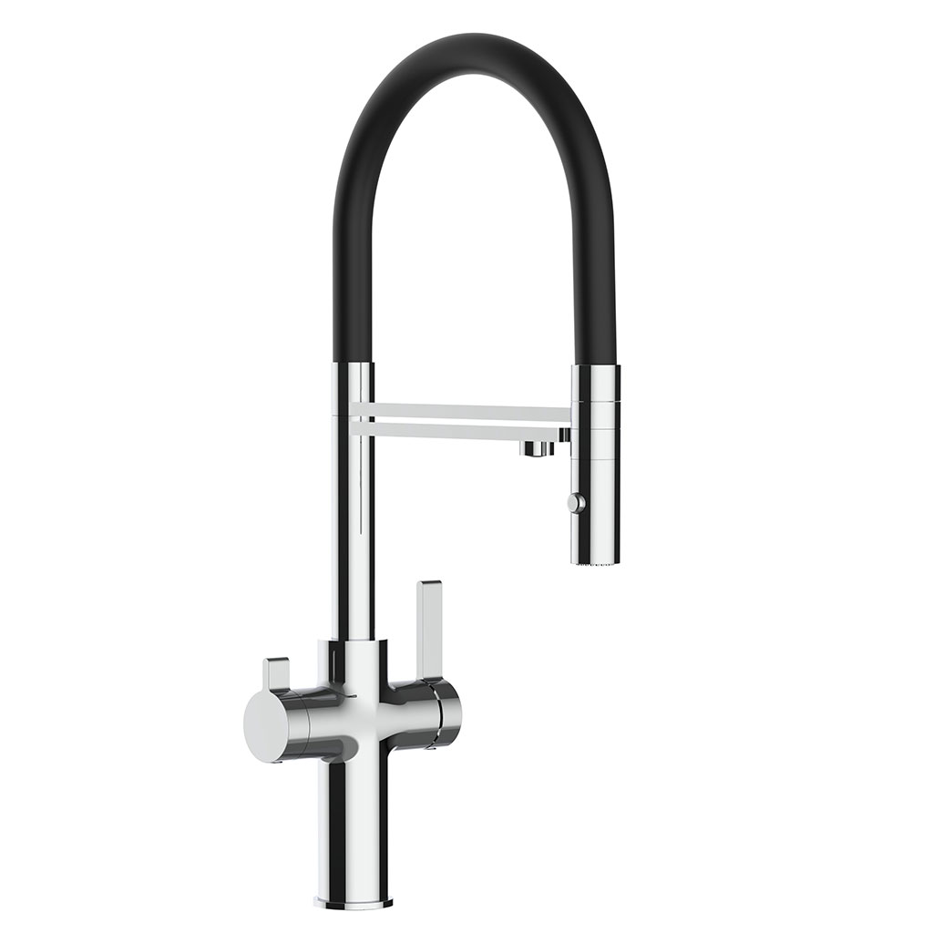 3-4-Wege-Armatur Levanto Neo – Freisteller mit schwarzem Flex-Auslauf und seitlichem Filterwasserarm