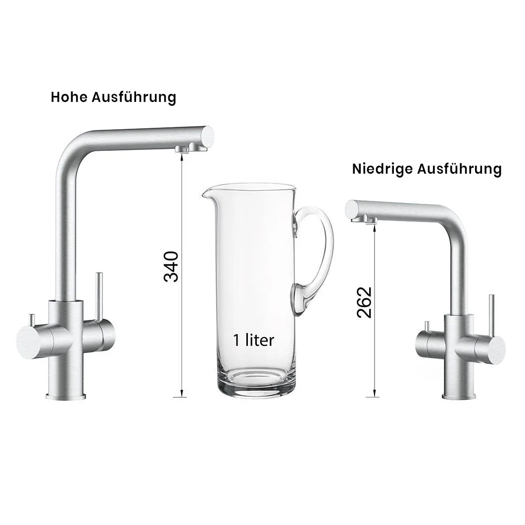 5-Wege-Armatur Lago Edelstahl matt – Größenvergleich niedrig und hoch