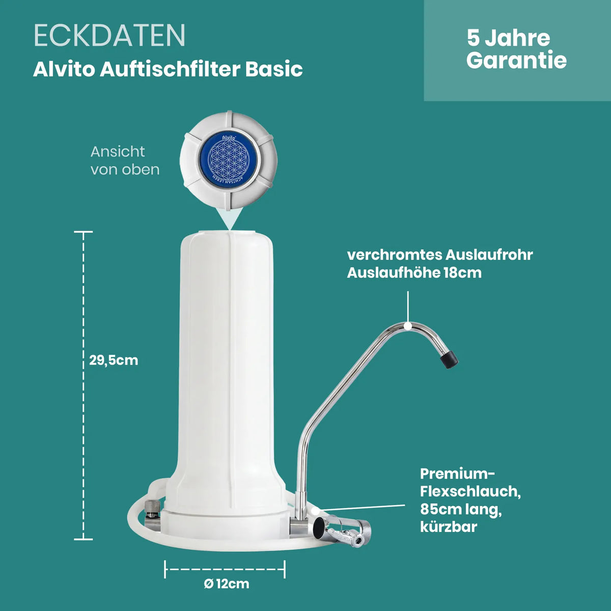 Eckdaten Alvito Auftischfilter Basic: Maße, Chrom-Auslaufhahn, Flexschlauch, Lieferumfang und Garantieinformationen