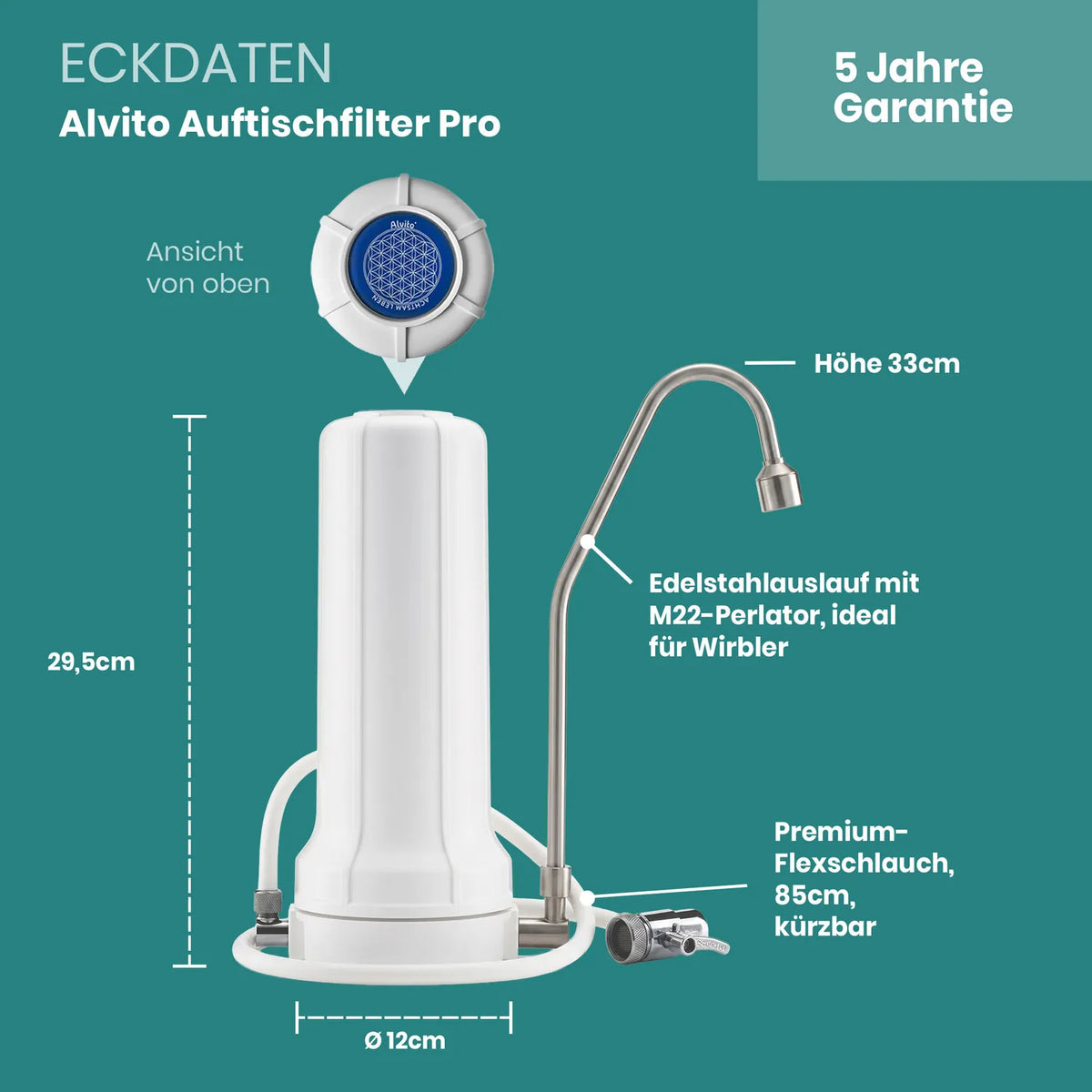 Eckdaten Alvito Auftischfilter Pro: Höhe 29,5 cm, Durchmesser 12 cm, Edelstahlauslauf M22, 85 cm Flexschlauch, 5 Jahre Garantie