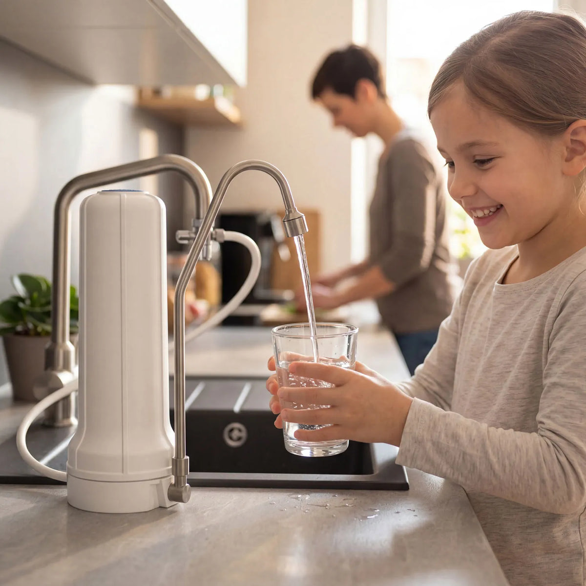 Lächelndes Mädchen füllt Glas gefiltertes Wasser am Alvito Auftischfilter Pro – Vater kocht im Hintergrund der modernen Küche