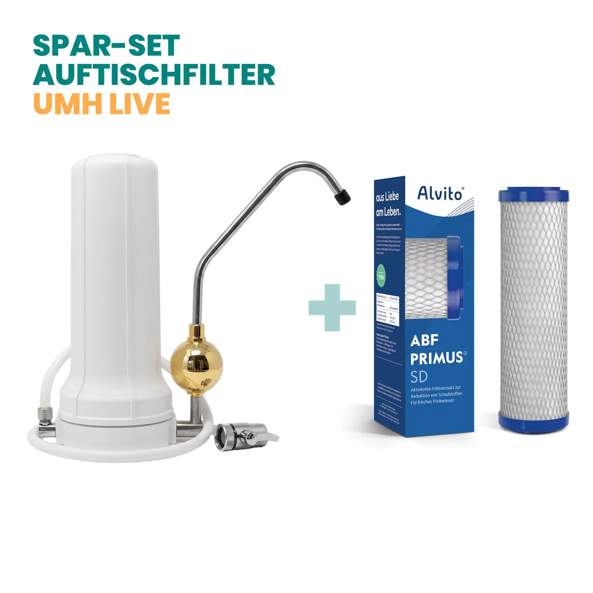 Spar-Set Auftischfilter UMH Live – weißer Alvito Auftischfilter mit verchromtem Auslauf und goldenem UMH Live Kugel-Vitalisierer am Auslauf, plus ABF Primus SD Karton und Filtereinsatz, auf weißem Hintergrund