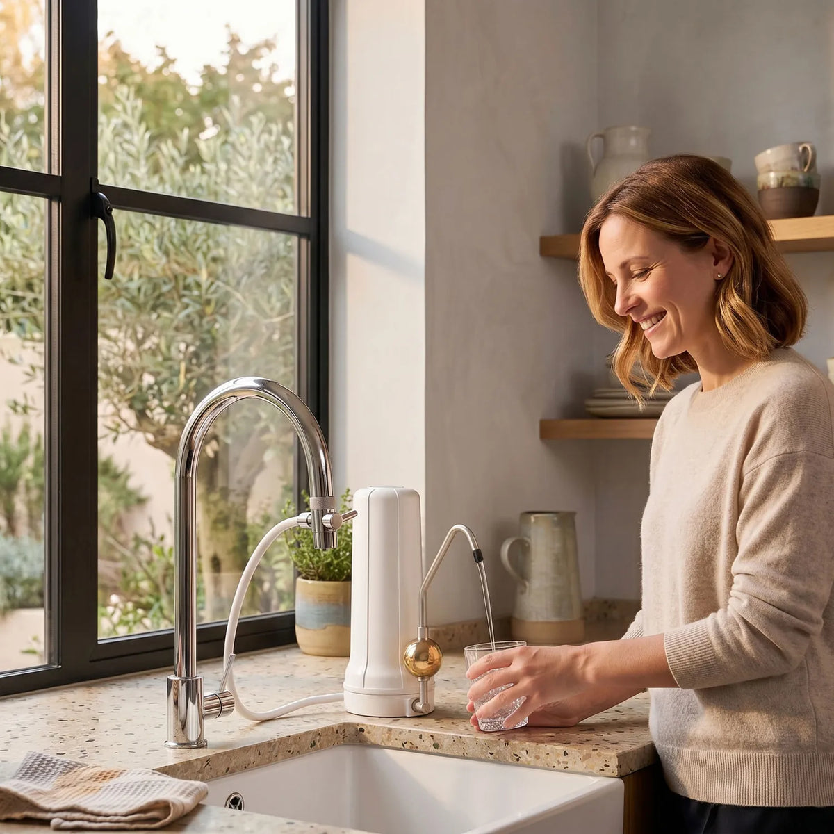 Lächelnde Frau füllt Glas gefiltertes Wasser am Alvito Auftischfilter Set UMH Live – Terrazzo-Arbeitsplatte, großes Fenster mit Olivenbaum-Blick, offenes Regal mit Keramikgeschirr im Hintergrund