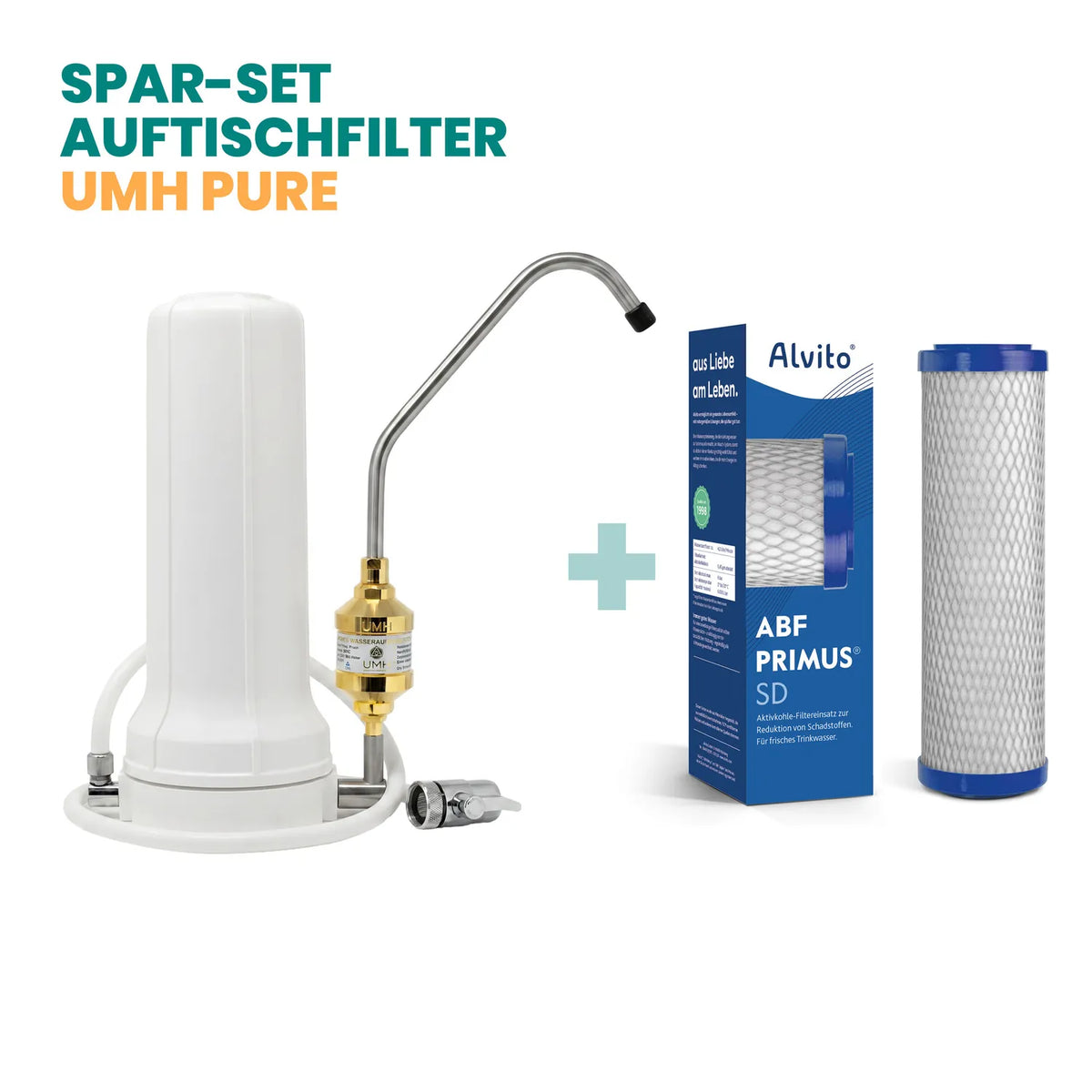 Spar-Set Auftischfilter UMH Pure – weißer Alvito Auftischfilter mit verchromtem Auslauf und goldenem UMH Pure Inline-Vitalisierer (zylindrisch) am Auslauf, plus ABF Primus SD Karton und Filtereinsatz, auf weißem Hintergrund