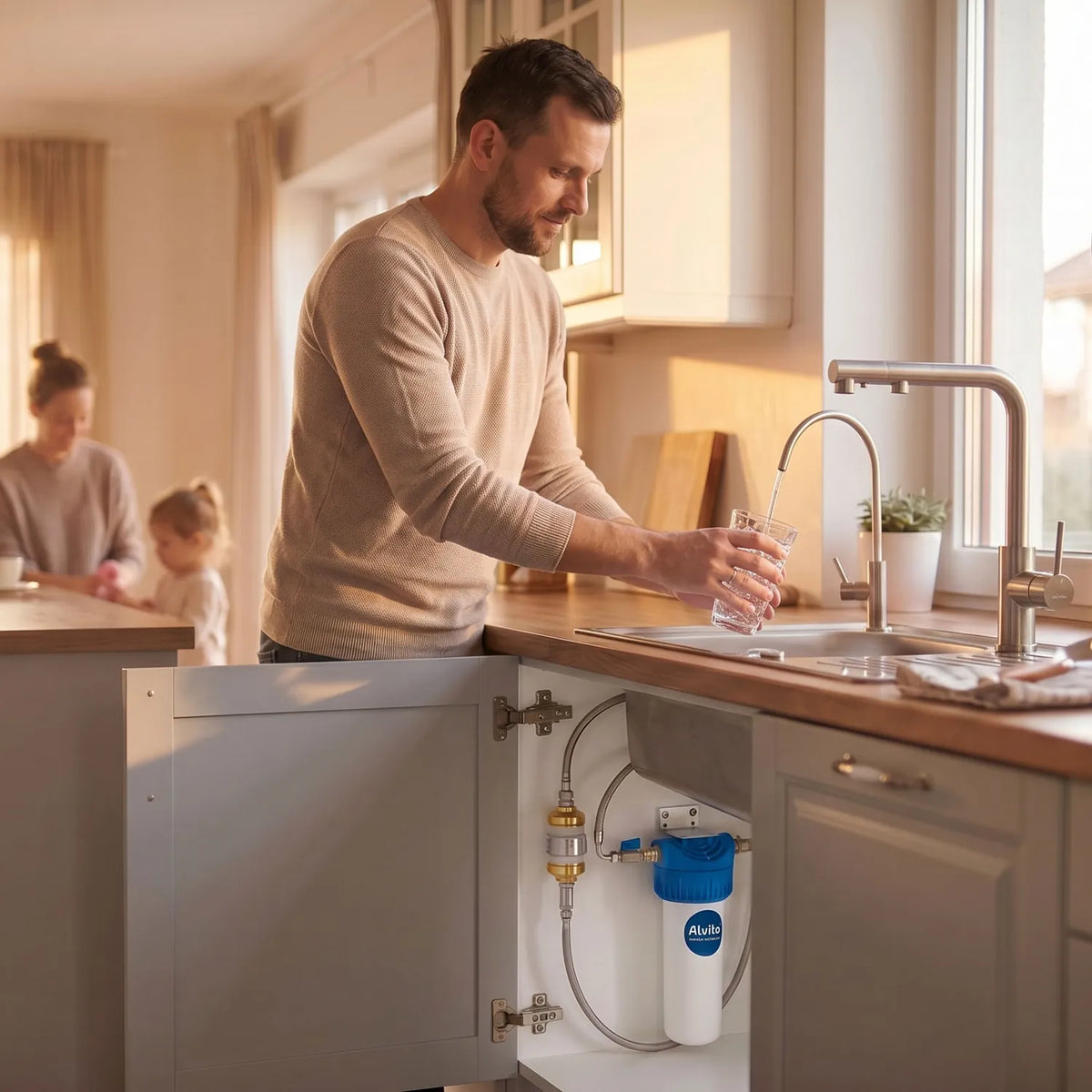 Mann füllt Glas gefiltertes Wasser am 3-Wege-Hahn – offener Unterschrank zeigt installierten Alvito Basic Einbaufilter (blau-weißes Gehäuse); Frau und kleines Kind sichtbar im Hintergrund; warme helle Küche mit Holzarbeitsplatte