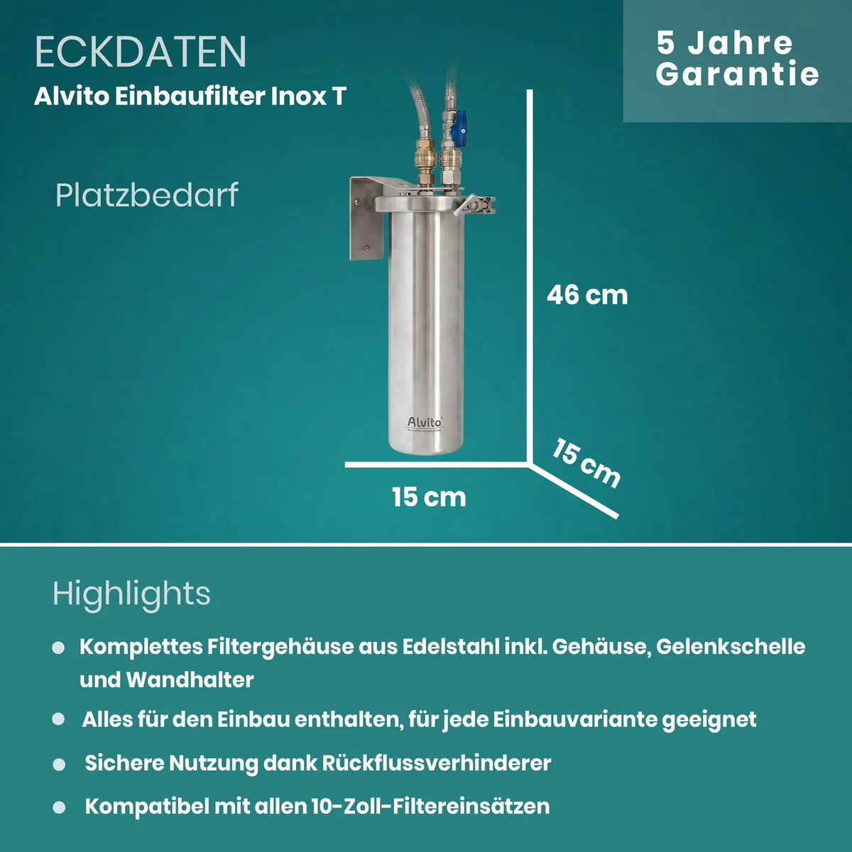 Eckdaten Alvito Einbaufilter Inox T – Platzbedarf 15 cm breit, 46 cm hoch, 15 cm tief; Highlights: komplettes Filtergehäuse aus Edelstahl inkl. Gelenkschelle und Wandhalter, alles für den Einbau enthalten, Rückflussverhinderer, kompatibel mit allen 10-Zoll-Filtereinsätzen; 5 Jahre Garantie; teal Hintergrund