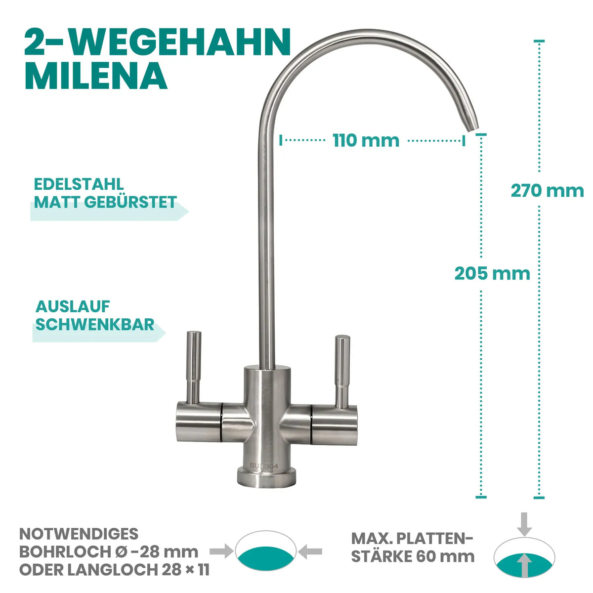 Trinkhahn Milena 2-Wege – gebürsteter Edelstahl SUS304, Schwanenhals 270 mm hoch, 110 mm Reichweite, schwenkbarer Auslauf, zwei Hebel, Einbauloch 28 mm (oder Schlitzloch 28×11 mm), max. Arbeitsplattendicke 60 mm