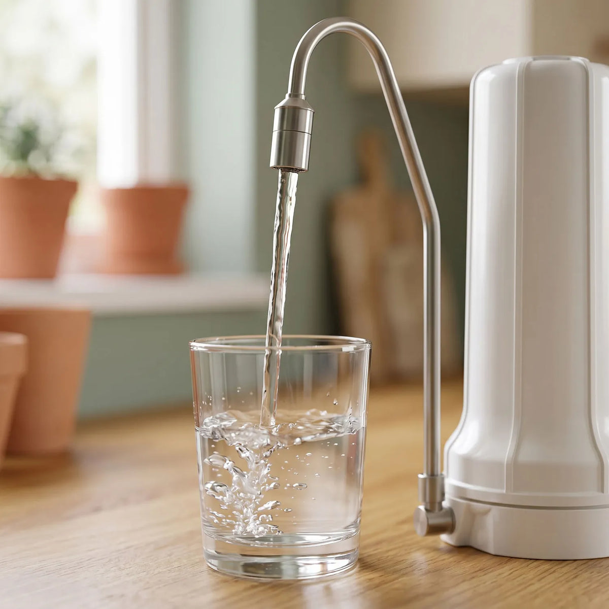 Gefiltertes Wasser fließt aus dem Edelstahlauslauf des Vitalhelden Auftischfilters in ein klares Glas auf einem Holztisch – warme Küche mit Terrakotta-Töpfen am Fenster und grüner Wandfarbe im Hintergrund