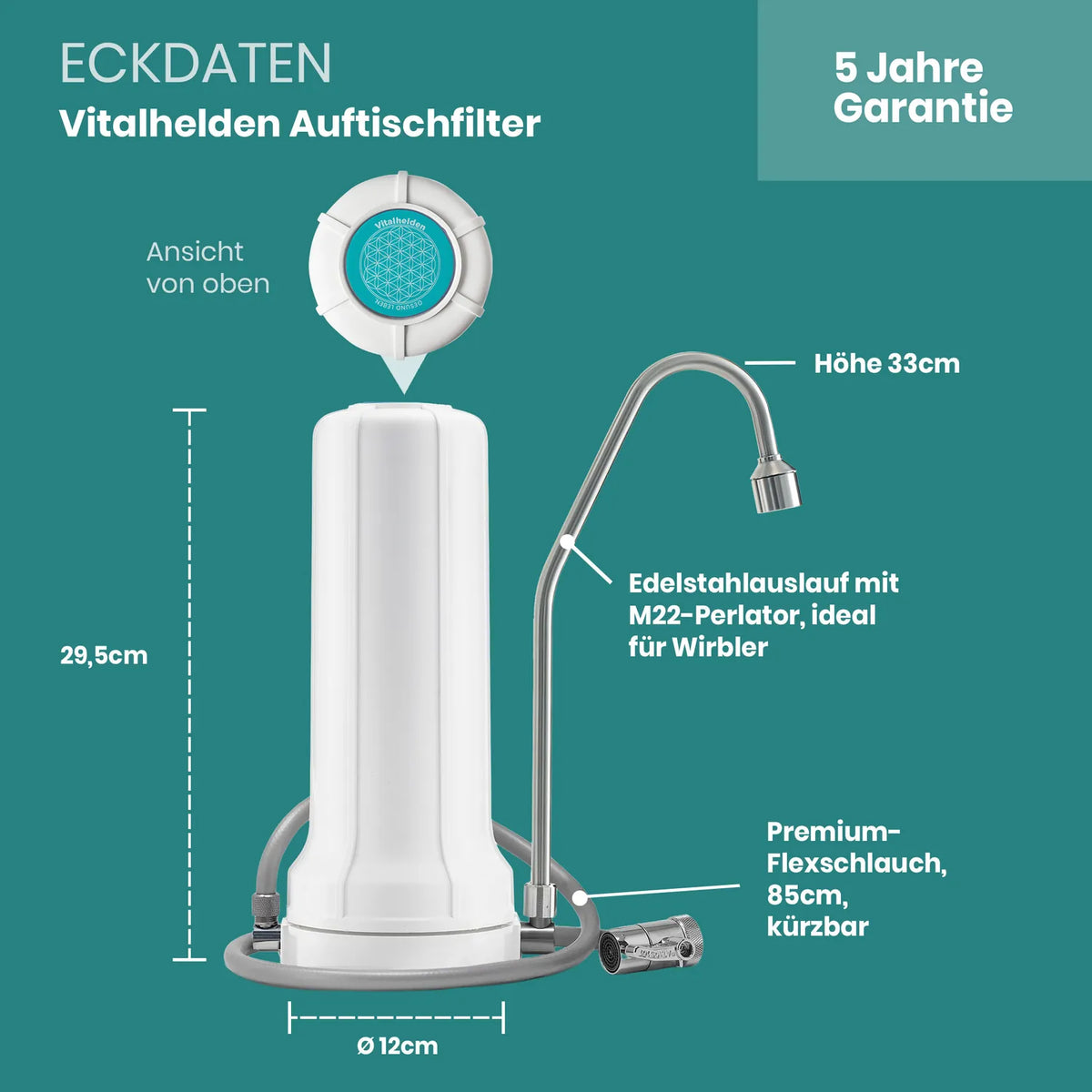 Eckdaten Vitalhelden Auftischfilter – Höhe 33 cm, Ø12 cm, Edelstahlauslauf mit M22-Perlator ideal für Wirbler, Premium-Flexschlauch 85 cm kürzbar, Ansicht von oben mit Vitalhelden-Disc, 5 Jahre Garantie