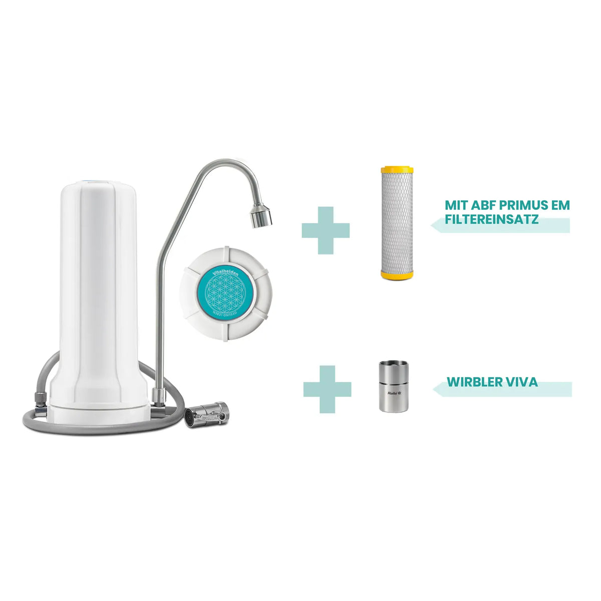 Vitalhelden Auftischfilter Set Smart – weißer Filter mit grauem Silikonschlauch und Vitalhelden-Disc, plus ABF Primus EM Filtereinsatz (gelbe Endkappen) und Wirbler Viva Perlator, auf weißem Hintergrund