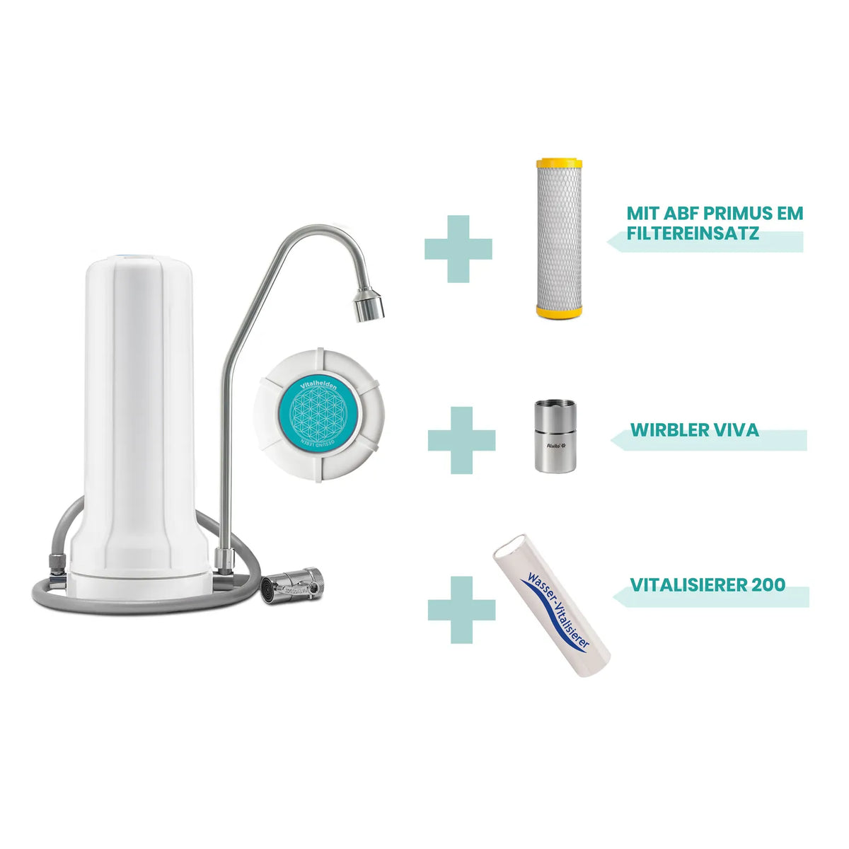 Vitalhelden Auftischfilter Set Vital – weißer Filter mit grauem Silikonschlauch und Vitalhelden-Disc, plus ABF Primus EM Filtereinsatz (gelbe Endkappen), Wirbler Viva Perlator und Wasser-Vitalisierer 200, auf weißem Hintergrund