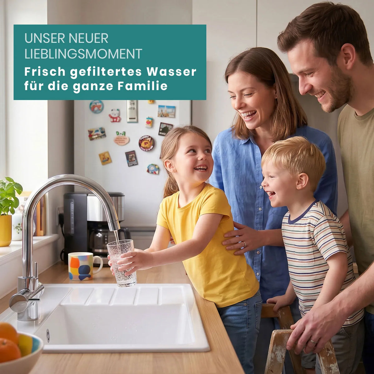 Mädchen füllt Glas Wasser am Hahn, Mutter und Bruder daneben, Vater dahinter – warme helle Küche mit Holzarbeitsplatte; Text-Overlay: „Unser neuer Lieblingsmoment – Frisch gefiltertes Wasser für die ganze Familie"