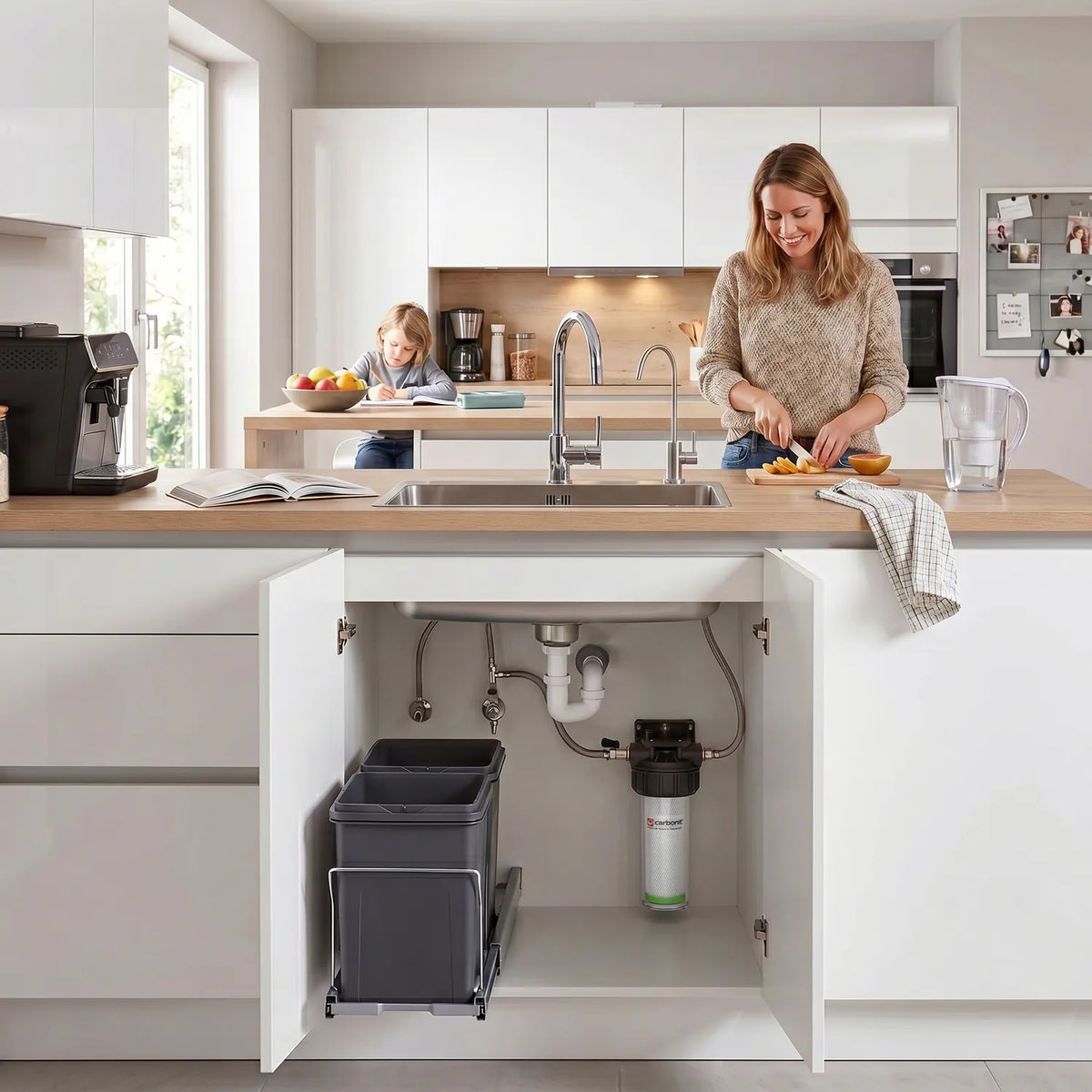 Frau in weißer Küche schneidet Obst auf Holzarbeitsplatte; Kind im Hintergrund am Tisch; Carbonit Vario Classic sichtbar im offenen Unterschrank; Brita-Karaffe und Kaffeemaschine auf der Arbeitsplatte