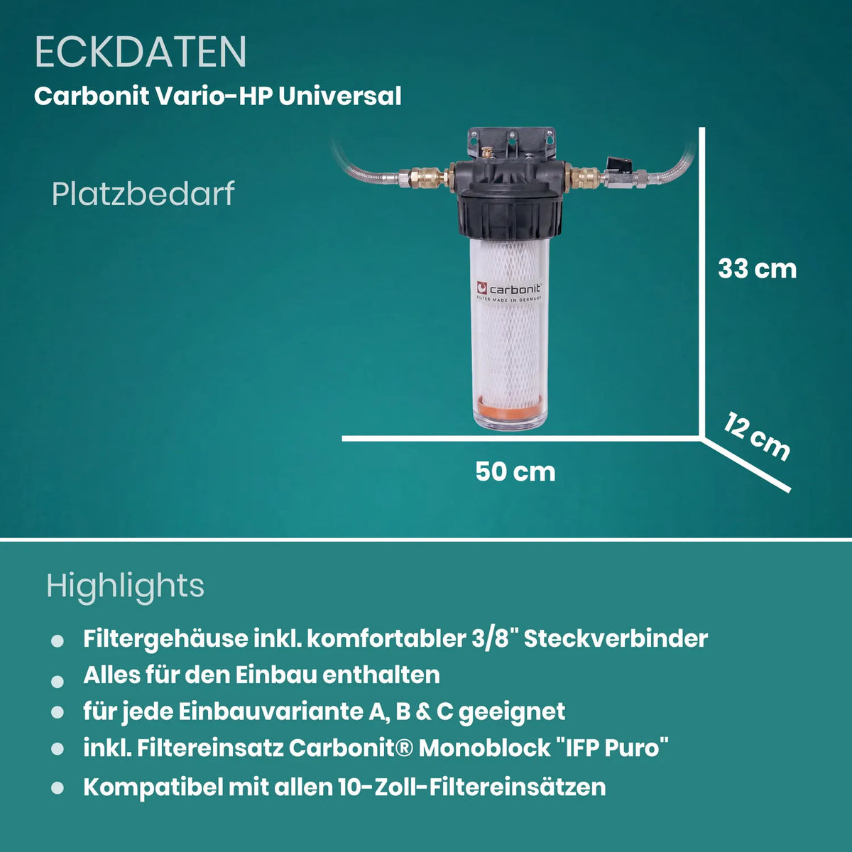 Eckdaten Carbonit Vario-HP Universal Einbaufilter – Platzbedarf 50 cm breit, 33 cm hoch, 12 cm tief; Highlights: 3/8″-Steckverbinder, alles für Einbauvarianten A, B & C enthalten, inkl. IFP-Puro-Filtereinsatz, kompatibel mit allen 10-Zoll-Filtereinsätzen