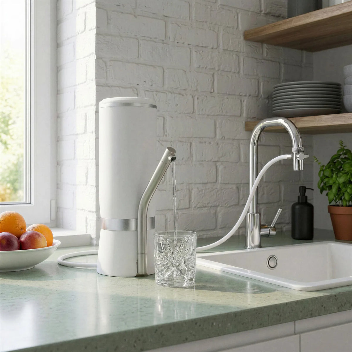 Carbonit Sanuno Grande Auftischfilter weiß in heller Küche – Lifestyle-Aufnahme mit Küchenutensilien und natürlichem Licht