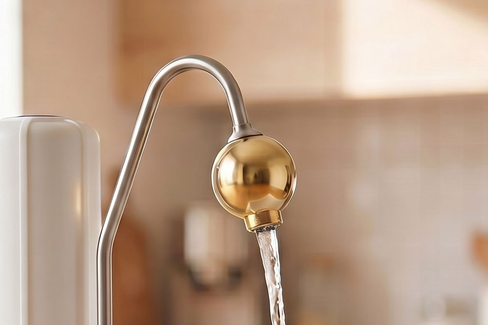 Goldene Kugelarmatur am geschwungenen Auslaufhahn eines Auftischfilters mit fließendem Wasser in heller Küche